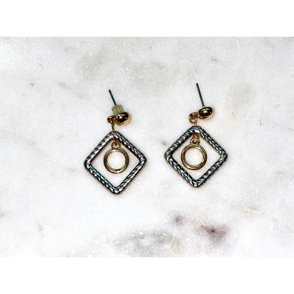 Textured Silver and Gold Tone   Square Circle Dangle Drop Earrings - Picture 4 of 5